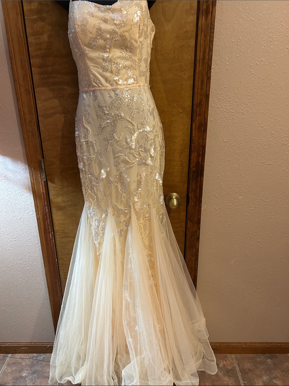 Pale Yellow Beaded Tulle Mermaid Dress